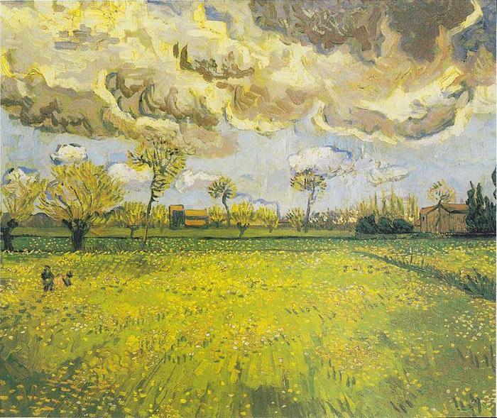 Vincent Van Gogh Meadow with flowers under a stormy sky